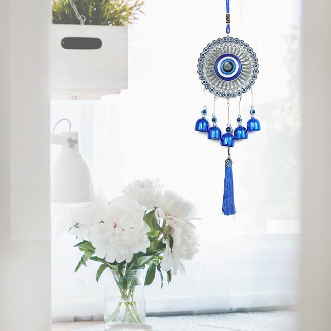 BWINKA Blue Evil Eye Hanging Decoration Ornament Metal Wind Chimes for Home Garden Gift Decoration