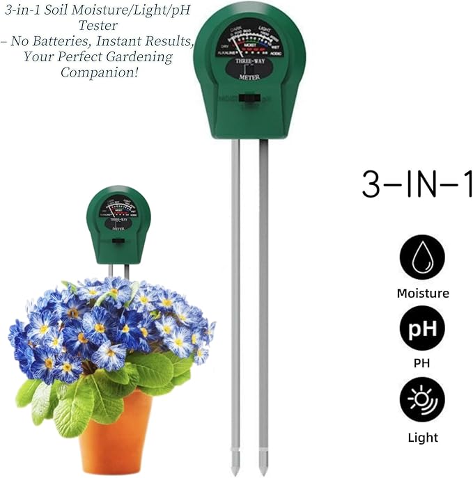 3-in-1 Moisture/Light/PH Meter for Plants, Soil pH and Light Tester, Plant Water Meter for Indoor Potted Plants, Soil Moisture Sensor for Houseplants and Garden, No Battery Needed (2Pack)