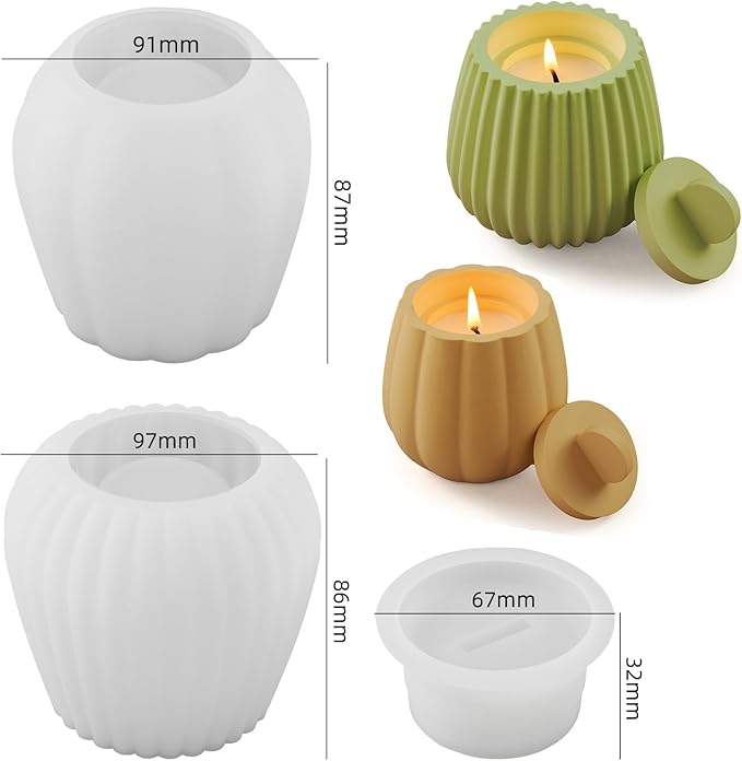 Storage Box with Lids, Silicone Candle Jar Molds Set, Creative Vessels Pot Molds, Concrete Round Stripe with Cover Bottle Making Moulds for Storage Holder (R-2Pcs)