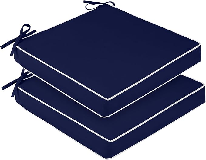 downluxe Waterproof Outdoor Chair Cushions Set of 2, 19" x 19" x 3" Patio Chair Cushion with Non-Slip Ties & Handle, Square Outdoor Cushion for Patio Furniture with Removable Cover, Navy/White