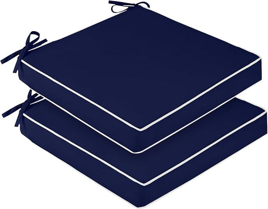 downluxe Waterproof Outdoor Chair Cushions Set of 2, 19" x 19" x 3" Patio Chair Cushion with Non-Slip Ties & Handle, Square Outdoor Cushion for Patio Furniture with Removable Cover, Navy/White
