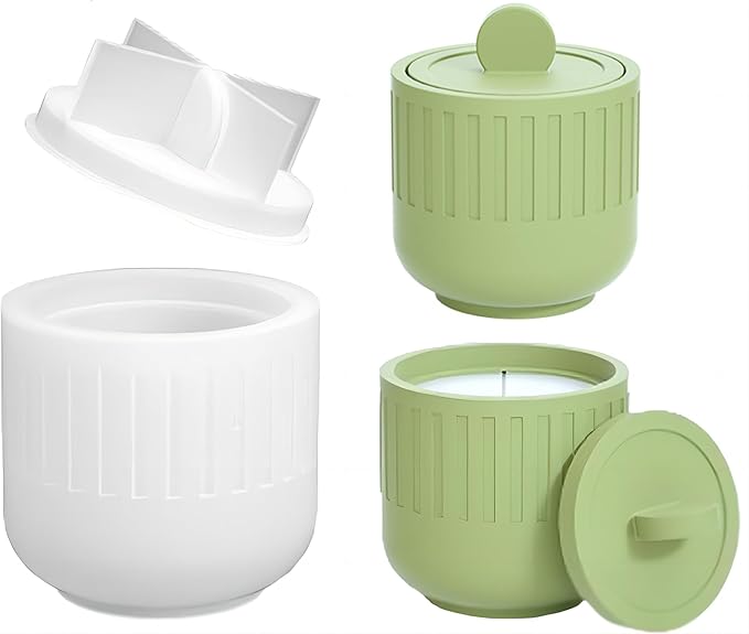Storage Box with Lids, Silicone Candle Jar Molds Set, Creative Vessels Pot Molds, Concrete Round Stripe with Cover Bottle Making Moulds for Storage Holder (D-Striped-I)