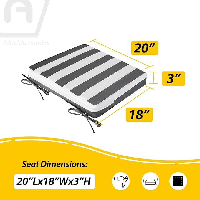 AAAAAcessories Outdoor Seat Cushions for Chairs, Waterproof, Fade-Resistant, 20" x 18" x 3", Patio Furniture Replacement Cushions, Set of 2, Gray Cabana Stripe