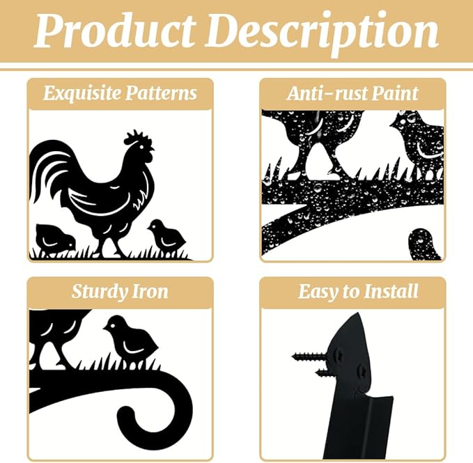 peacoblue Iron Plant Hangers Hooks for Outdoor Indoor Hanging Plants Fern Pots, Lantern, Bird Feeder, Wind Chimes, 12”x14” Rooster Weather Resistant Metal Wall Brackets for Garden, Farmhouse(Rooster)