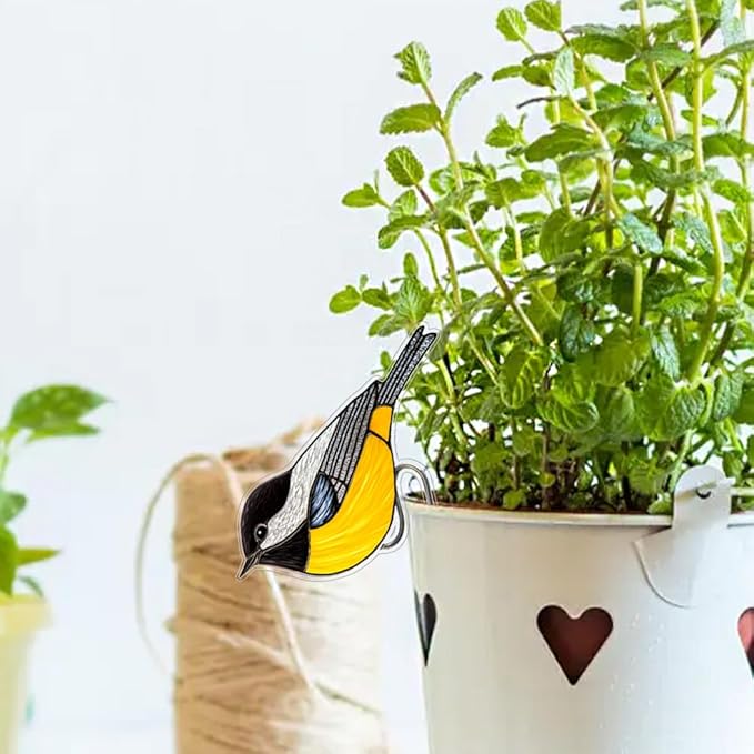 JOONOR 2 Pieces Stained Acrylic Bird Flower Pot Hugger Cute Animal Bird Statue for Planter Hanger Decorations Outdoor Fairy Garden Planter Edge Accessories