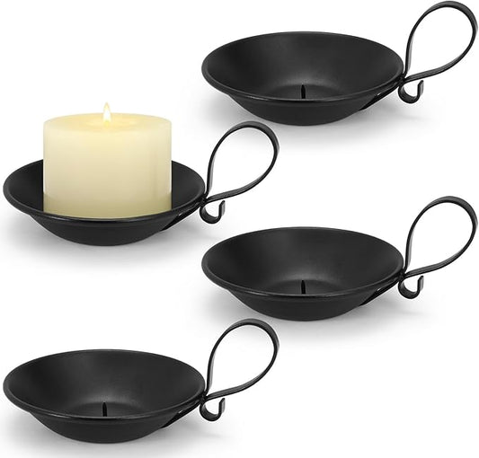 Matte Black Iron Candle Holder with Handle, 4pcs Iron Pillar Candle Holders with Safety Spike for Pillar/Ball Candles, Table Centerpiece Decoration