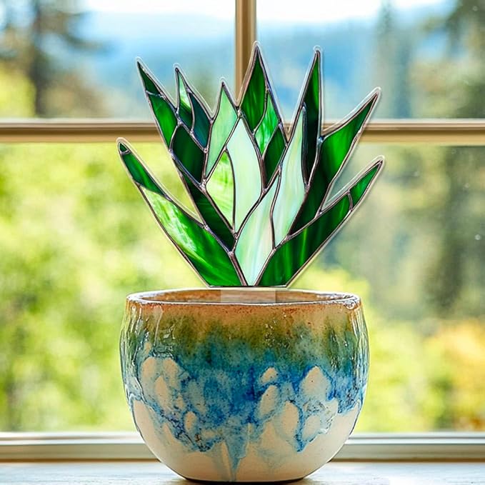JOONOR 2 Pieces Stained Acrylic Succulent Plant Agave Planter Pot Hugger Statue Stained Sun Catcher Cute Acrylic Agave Figurines Plant Decorations for Flower Pots, Style B