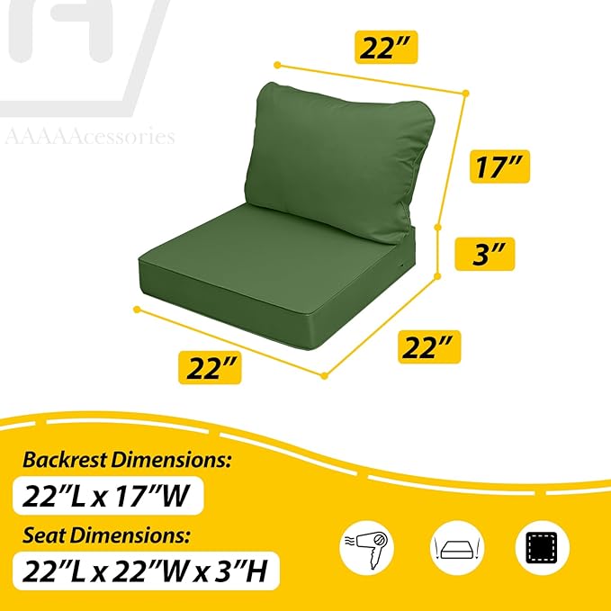 AAAAAcessories Outdoor Seat Cushions for Chairs, Fade-Resistant, Waterproof Patio Furniture Replacement Cushions, 22" x 22" x 3" + 22" x 17", Dark Moss Green