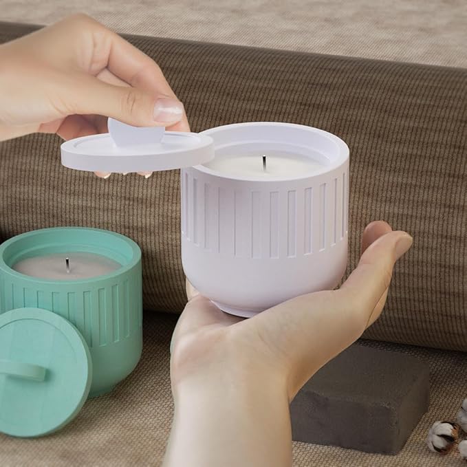Storage Box with Lids Candle Jar Molds Set, Creative Silicone Candle Vessels Pot Molds, Concrete Round Stripe with Cover Bottle Making Moulds for Storage Candle Holder (D-Striped-U)