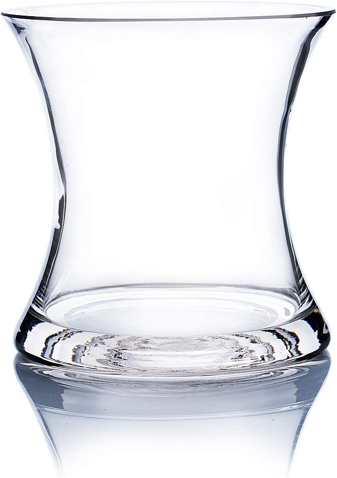 WGV Unique Bouquet Vase, 5.5" W, 6" H, Clear Short Hurricane Concaved Neiman Glass Floral Container, Home Wedding Event Decor, 1 Piece (VHV0606)