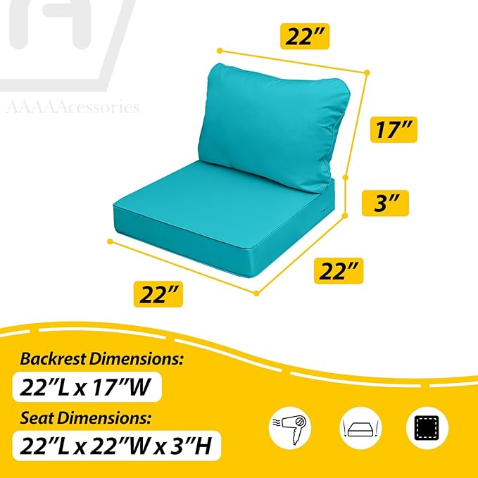 AAAAAcessories Outdoor Seat Cushions for Chairs, Fade-Resistant, Waterproof Patio Furniture Replacement Cushions, 22" x 22" x 3" + 22" x 17", Set of 2, Turquoise Blue