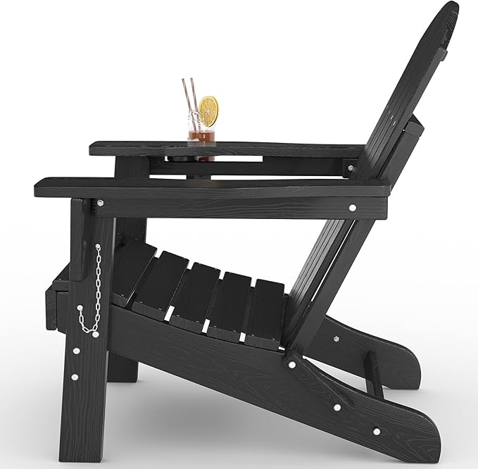 Folding Adirondack Chair Set of 2 with Ottoman, All-Weather HDPE Outdoor Chair, Wooden Textured with Cup Holder for patios, Decks, Gardens, fire pits, Black