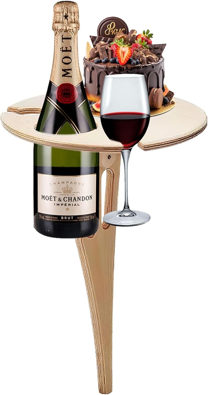 Topyond Outdoor Portable Foldable Wine Table, Bamboo Round Wine Rack, Ground Insertion Design Small Picnic Table, Ideal for Garden, Lawn, Picnic