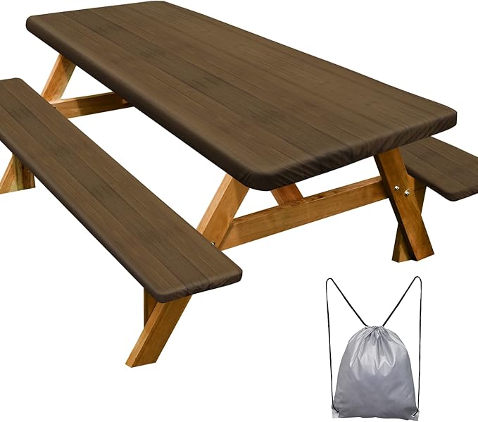Picnic Table Cover with Bench Covers Camping Essentials Waterproof Windproof Camping Tablecloth with Drawstring Bag, Fitted Rectangle Tables and Seats, 96in, Dark Brown