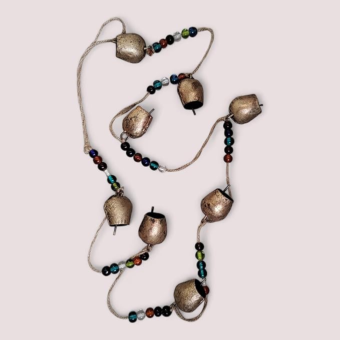 Vintage Rustic Metal Dome Bells Garland with Multicolor Glass Beads – Handcrafted Hanging Decor for Indoor Outdoor Garden, Patio, Farmhouse & Boho Style (8 Bells)