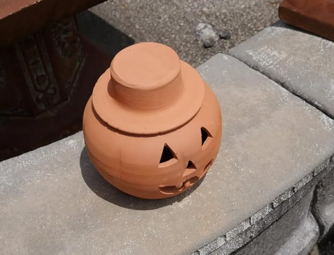 Terracotta Jack-o'-Lantern Pumpkin with Witch Hat – Handmade Clay Halloween Decoration – Rustic Fall Centerpiece – 2-Piece Natural Pumpkin Planter – Indoor Outdoor Autumn Decor