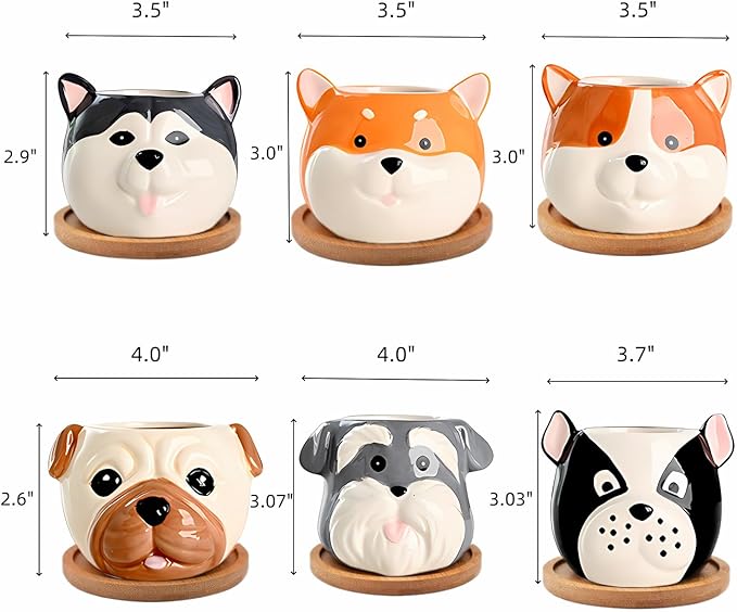 Dog Planter Pots - 6 Pack Ceramic Succulent Pots with Drainage and Saucers, Cute Flower Pots for Indoor Plants, Small Plant Pots Dog Vase for Succulent, Cactus, Garden, Home Decor, Gift Set
