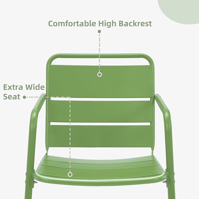 MELLCOM 3 Piece Patio Set, Small Patio Furniture Set - 2 C-Spring Metal Chairs with Round Side Table, Outdoor Bistro Set for Balcony, Front Porch, Poolside, Garden, Deck, Green