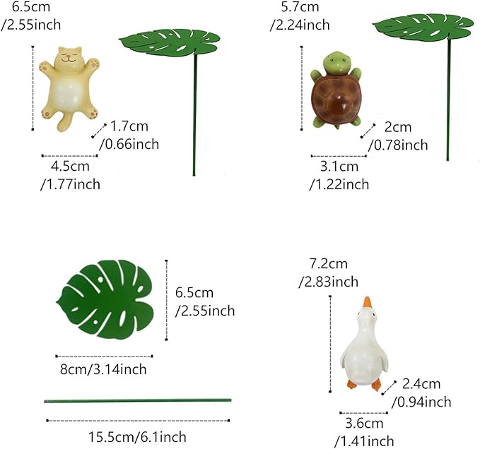Planter Decorations,Kitten, Duck and Turtle Lying on Leaves Garden Stakes for Flower Pot Indoor and Outdoor Cute Animal Fridge Magnets Decor