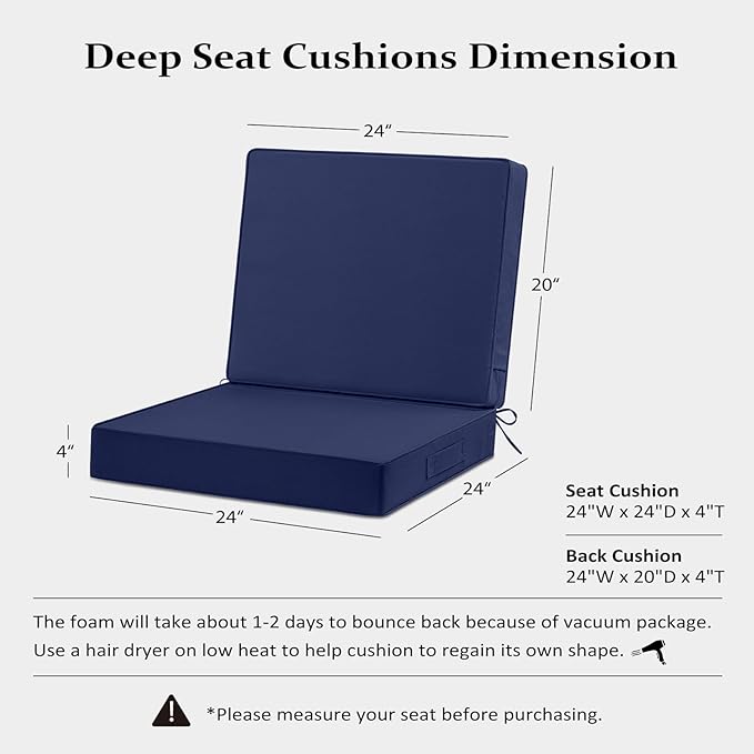 Cozyide 24x24 Outdoor Cushions for Patio Furniture, Waterproof Outdoor Chair Cushions with Non-Slip Ties and Handle, Washable Deep Seat Cushions for Outdoor Furniture with Removable Cover, Navy