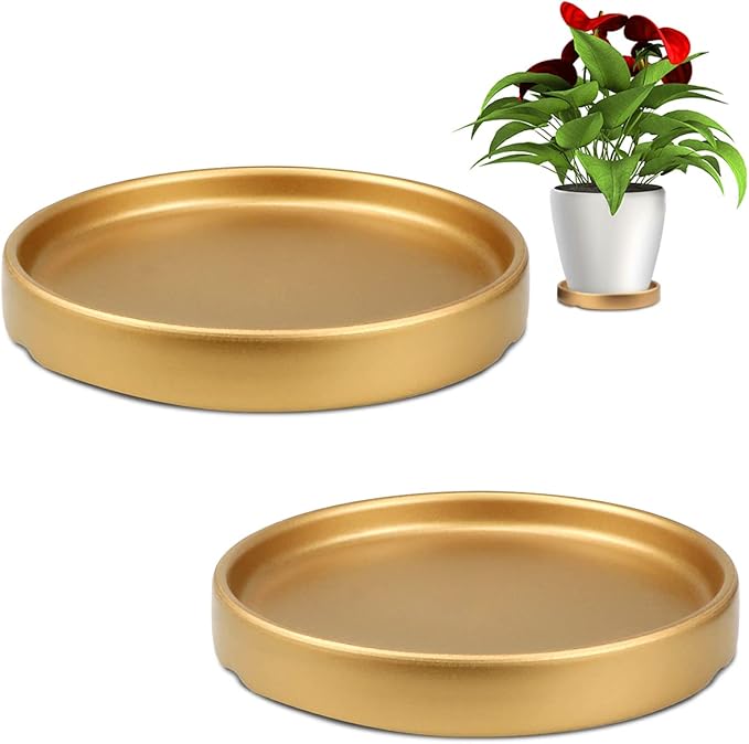Round 4 Inch Ceramic Plant Saucer Drip Tray Set of 2 for Indoor Small Flower Pots Home Garden Outdoor Flower Plant Pot,Gold Saucers