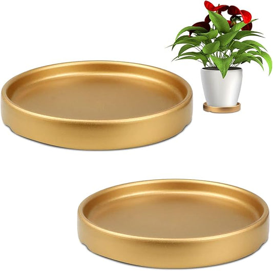 Round 4 Inch Ceramic Plant Saucer Drip Tray Set of 2 for Indoor Small Flower Pots Home Garden Outdoor Flower Plant Pot,Gold Saucers