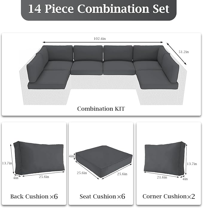 Outdoor Sectional Cushions, 4" Foam High-Density, Water-Resistant Couch Cushions Replacement Set, 14 Piece Patio Sectional Cushion for 6-Seat Sectional Patio Conversation Sets (Dark Grey)