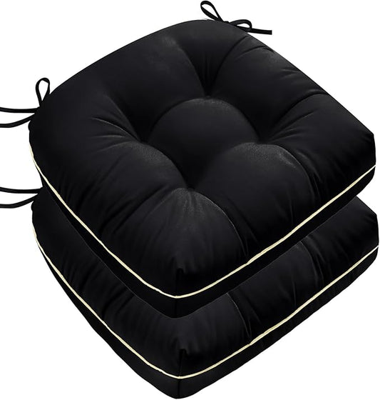 Outdoor Chair Cushions Set of 2, Outdoor Cushions for Patio Furniture and Wicker Chair, Memory Foam Patio Seat Cushion Pads with Ties, 19 x 19 Inch (Black)