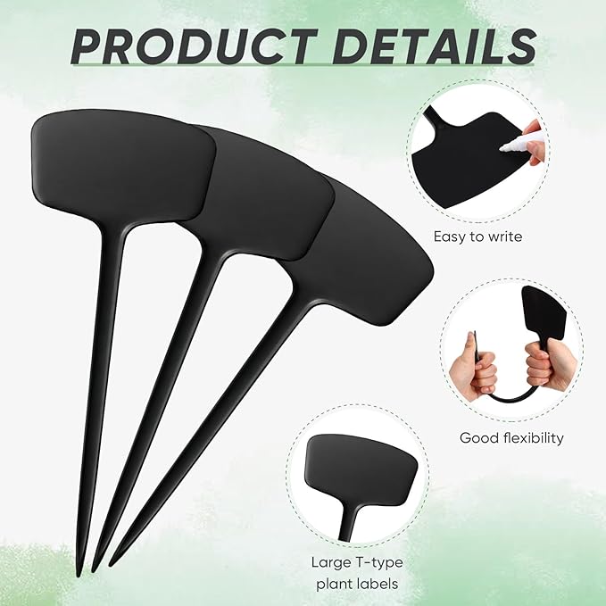 50 Pcs 14.2 Inch Plastic Plant Labels Tags T Type Plant Markers with Pen for Outdoor Indoor Garden Pot Herbs Flowers Vegetable (Black)