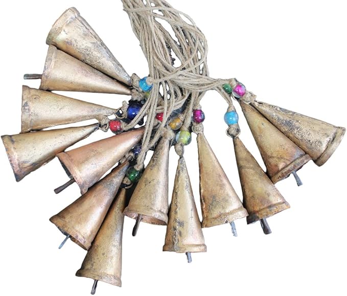 Rustic Iron Tin Cone Bells with Beads, 12 Pc Mini Wind Chime Bells for Crafts, Decor, Garden, Wedding, Festival, DIY Projects – Handmade Hanging Vintage Bells with Jute String – Small Bells That Ring