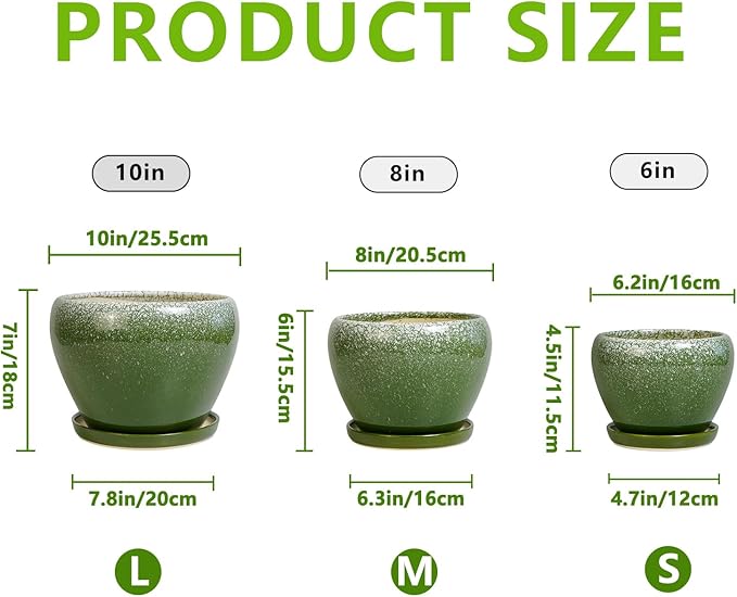Ceramic Pots for Plants, 10+8+6 Inch Round Decorative Planters for Indoor Outdoor with Drainage Holes and Saucers, Office Garden Room Patio Decor, Gifts for Plant Lovers, Set of 3, Green