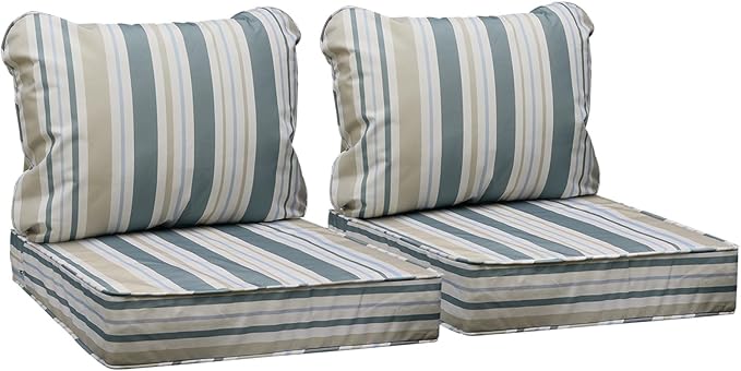 AAAAAcessories Outdoor Seat Cushions for Chairs, Fade-Resistant, Waterproof Patio Furniture Replacement Cushions, 23.5" x 25.5" x 5" + 23.5" x 19", Set of 2, Slate Gray Blue Coastal Stripe