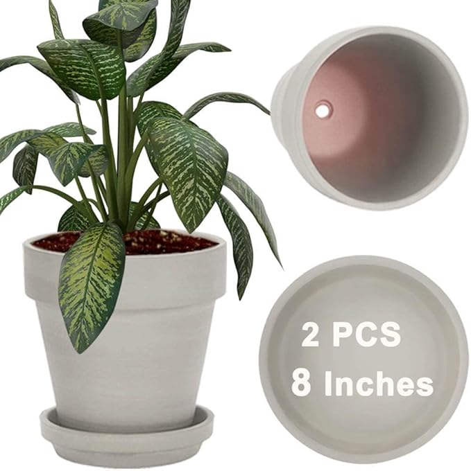 vensovo Gray 8 Inch Terracotta Pot for with Drainage - 2 Pack Large Terra Cotta Plant Pot with Saucers, Flower Clay Pot with Tray, Terracotta pot for Indoor Outdoor