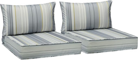 AAAAAcessories Outdoor Seat Cushions for Chairs, Fade-Resistant, Waterproof Patio Furniture Replacement Cushions, 24" x 24" x 5" + 24" x 13.5", Set of 2, Ash Blue Harbor Stripe