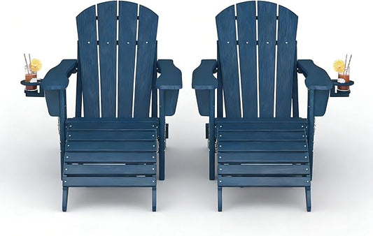 Folding Adirondack Chair Set of 4 with Ottoman, All-Weather HDPE Outdoor Chair, Wooden Textured with Cup Holder for patios, Decks, Gardens, fire pits, Navy Blue