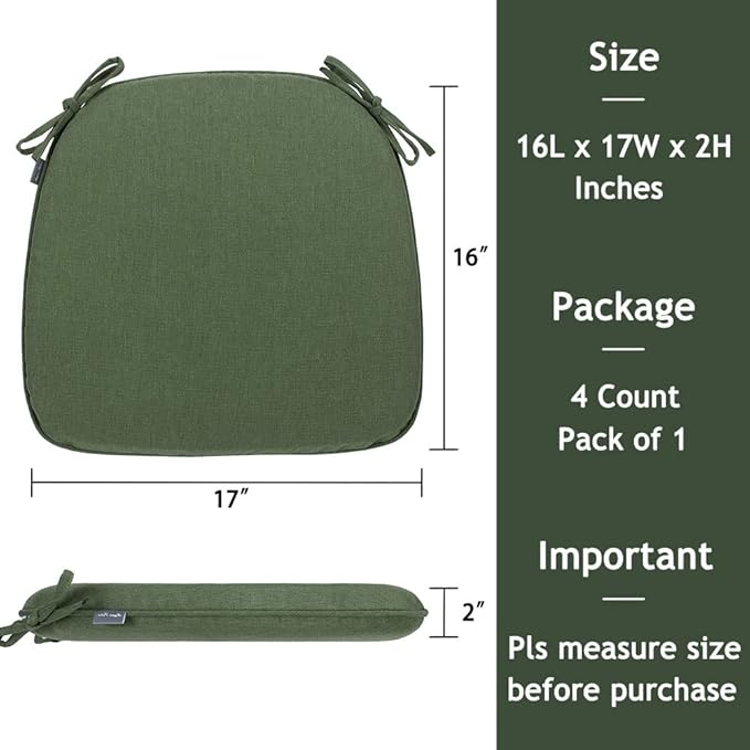 Magpie Fabrics 17"x16"x2" U-Shape Chair Cushions with Ties 4 Count, Outdoor Indoor Waterproof All Weather Seat Pads Decoration for Patio Garden Dining Office - Green
