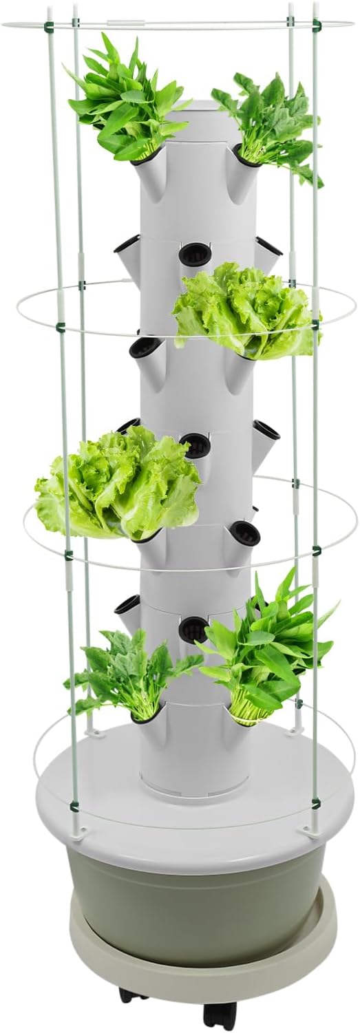 Hydroponic Growing System Kit, Vertical Hydroponic Tower with Climbing Trellis, Indoor & Outdoor Herb Garden, Vegetable Tower with 28 Planting Pods for Tomatoes,Strawberries (White and Light Green)