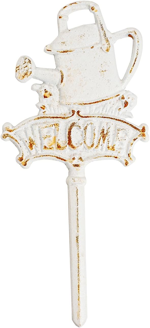 Sungmor Vintage Cast Iron Decorative Garden Stake, Rustic White Welcome Yard Art Sign with Stake, 12.6" Tall Metal Watering Can Stake with Welcome Sign, Lawn Patio Backyard Outdoor Spring Decor