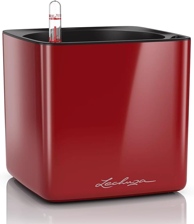Lechuza Cube Glossy 16 Scarlet Red High Gloss, Self-Watering Indoor Small Plant Pot, H6.3 L6.7 W6.7 in