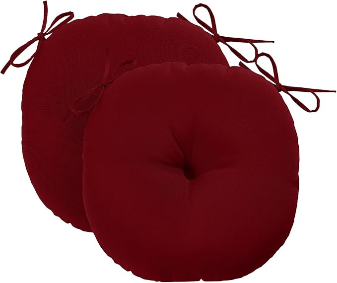 downluxe Bistro Chair Cushions for Patio Furniture, Water-Resistant Round Outdoor Chair Cushions Set of 2 with Non-Slip Ties, 15" x 15", Burgundy
