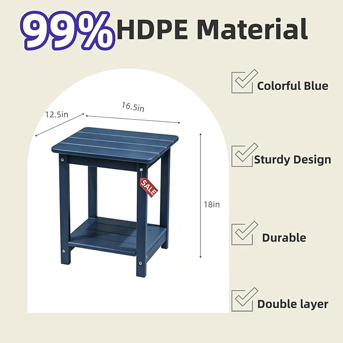 Adirondack Square Outdoor Side Table, 2-Tier Storage Patio Side Table with Weatherproof HDPE Material, Low Maintenance End Table for Backyard, Garden, Pool, Porch, Deck, Lawn