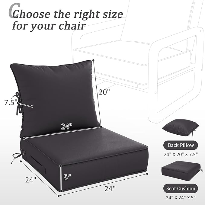 Outdoor Patio Chair Cushions Set 24 L X 24 W X 5 H Waterproof & Fade Resistant Deep Seat and Back Cushions with Removable Covers Outdoor Seat Cushion Set for Chairs and Sofas