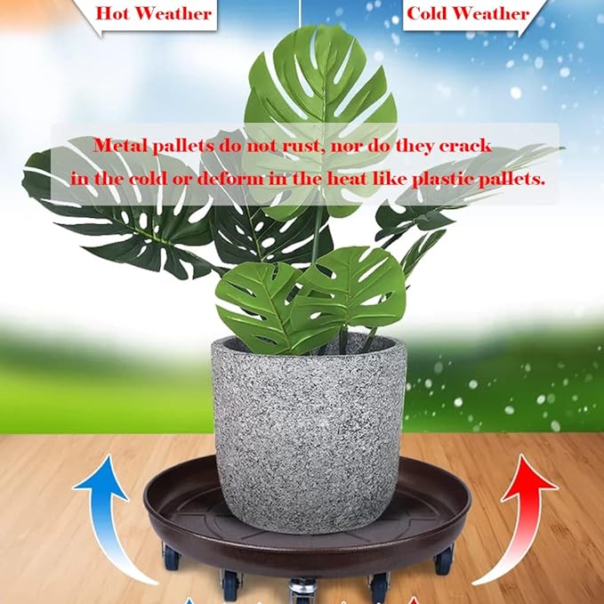 ARTLINE 14" Round Plant Stand with Lockable Wheels, 380lbs Heavy Duty for Indoor Outdoor, Large Rolling Dolly Planter Caddy on Casters to Carry Potted Flower Pot, Round Metal Tray NO Holes, 2 Pack