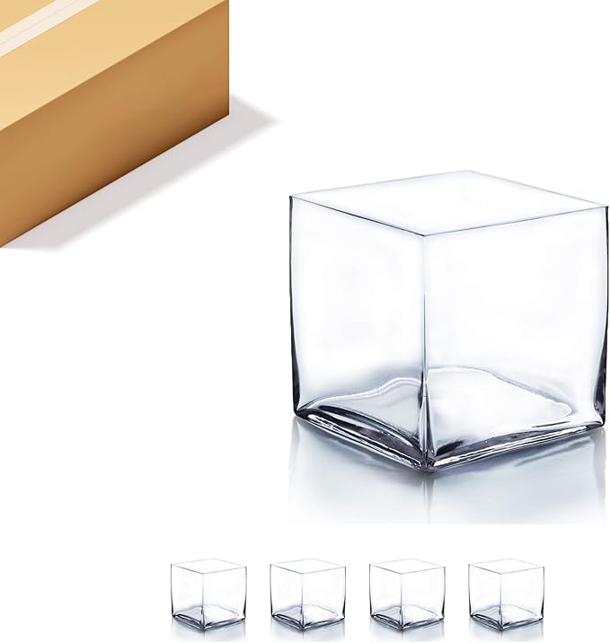 WGV Cube Glass Vase Bulk, Candle Holder, 8"x8"x8", Clear Elegant Floral Accent Container Planter Terrarium Storage for Wedding Party Ceremony Event Office Home Decor, 4 Pieces