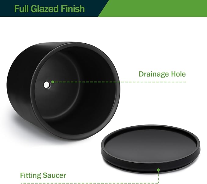 Kazeila Plant Pots Ceramic Planter for Indoor Outdoor Plants Flowers 10 Inch Matte Black Large Cylinder Flower Pot with Saucer and Drainage Hole,Glazed Finish Interior and Exterior