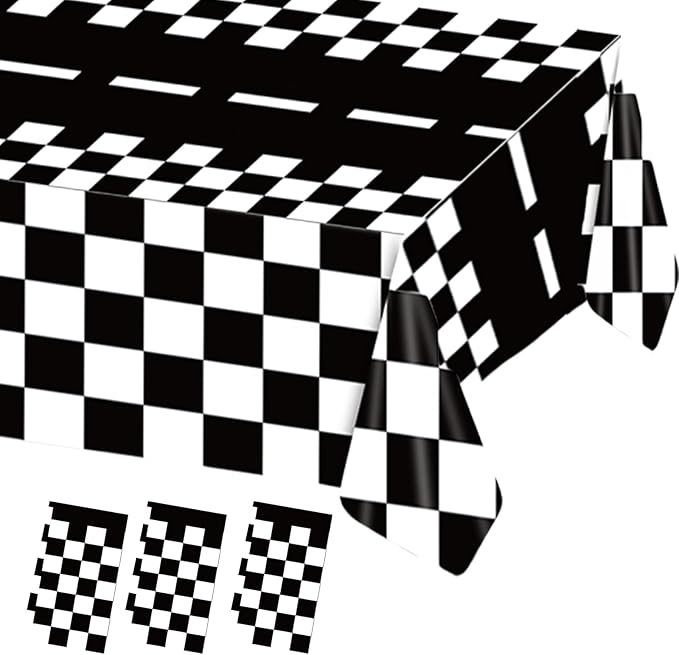 3 Pieces Race Car Checkered Tablecloth - 54x108 Disposable Black and White Motor Racing Themed Plastic Table Cover for Birthday Decorations for Kids and Adults, Race Car Birthday Party Supplies