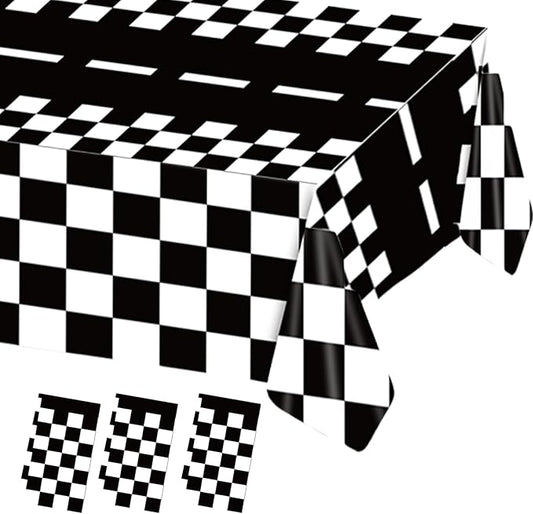 3 Pieces Race Car Checkered Tablecloth - 54x108 Disposable Black and White Motor Racing Themed Plastic Table Cover for Birthday Decorations for Kids and Adults, Race Car Birthday Party Supplies