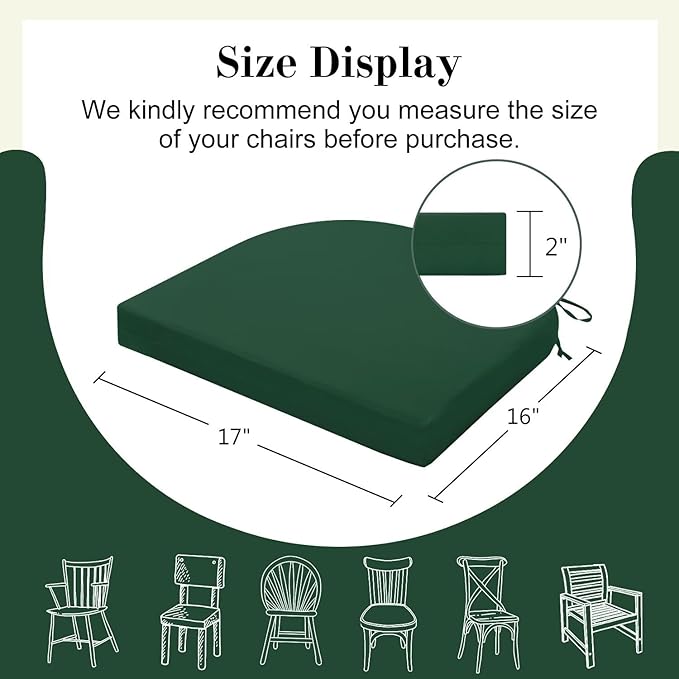 Cozyide Outdoor Chair Cushions, Waterproof Patio Seat Cushions with Adjustable Straps, Round Corner Patio Chair Cushions for Garden, Dark Green, 17x16x2 Inch (Pack of 4)