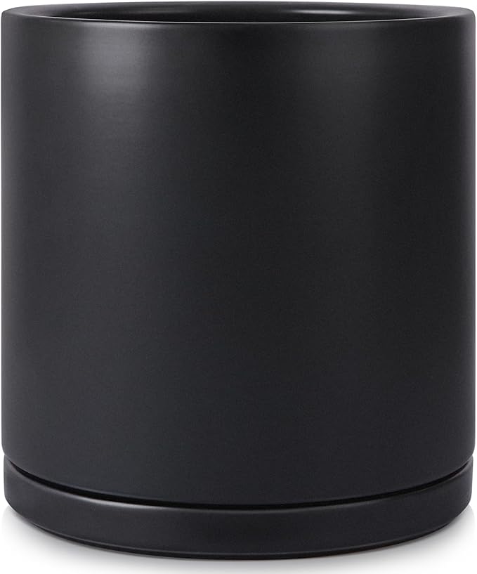 Kazeila Plant Pots Ceramic Planter for Indoor Outdoor Plants Flowers 10 Inch Matte Black Large Cylinder Flower Pot with Saucer and Drainage Hole,Glazed Finish Interior and Exterior