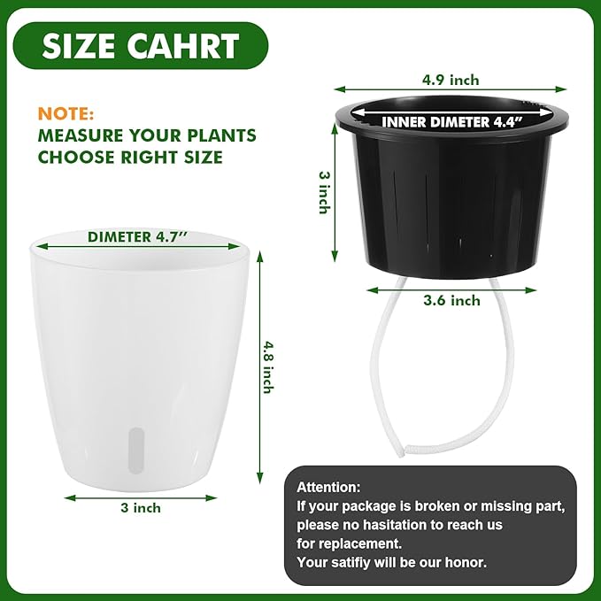 Planterhoma 5 Inch Self Watering Pots for Indoor Plants, 12 Packs Self Watering Planters for Orchid, Spider Plant, Devil's Ivy & African Violet, Water Indicator & Black Wick Pots, White/Black